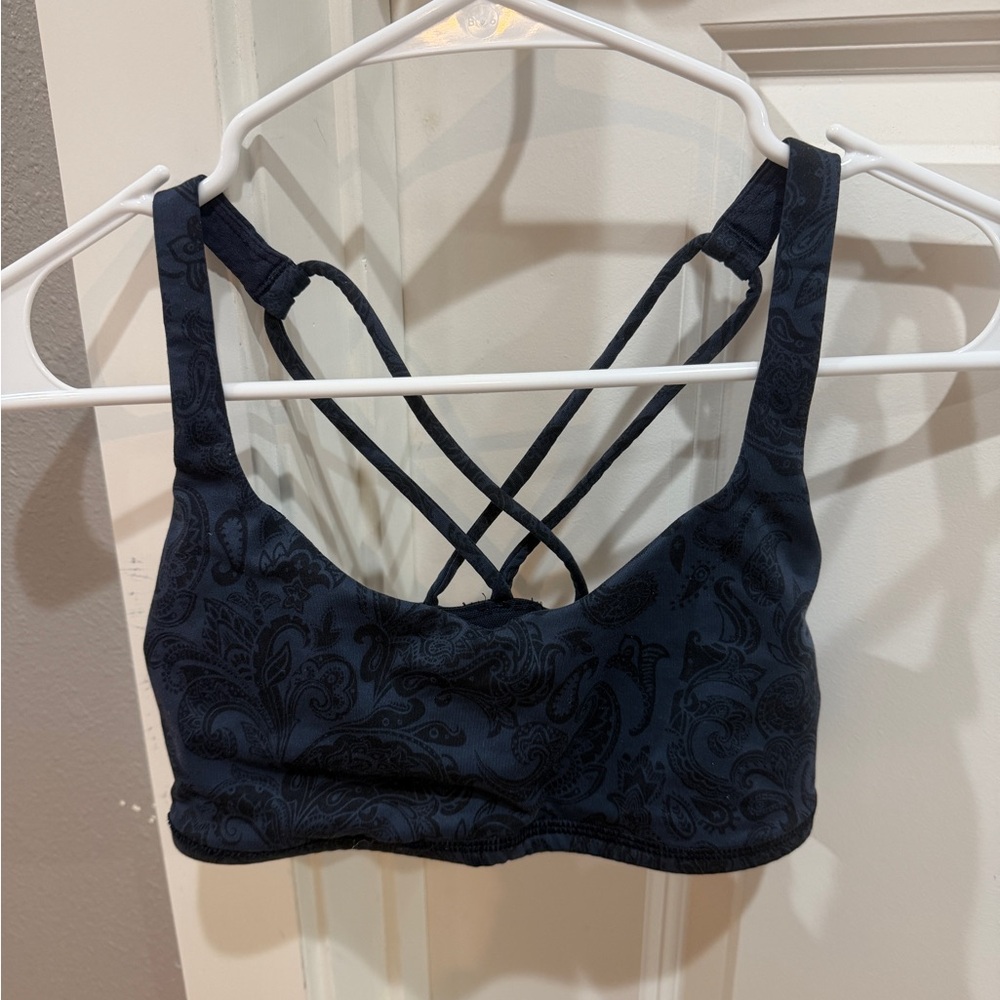 Lululemon Free To Be sports bra, blue and black floral, size 4
